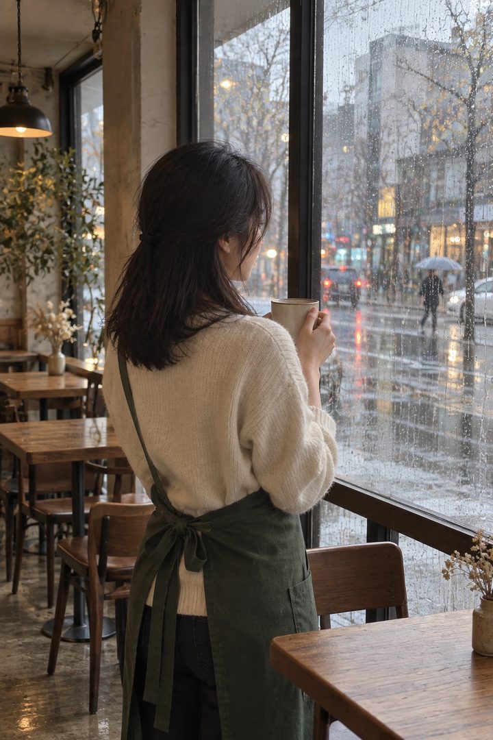 비 오는 날 빈 가게 창가 뒷모습