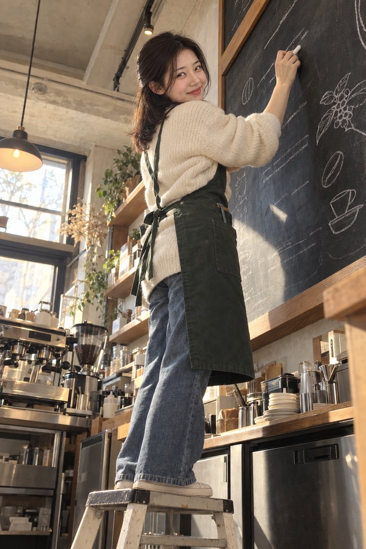 칠판 메뉴판에 원두 이름 쓰다 돌아보며 웃음