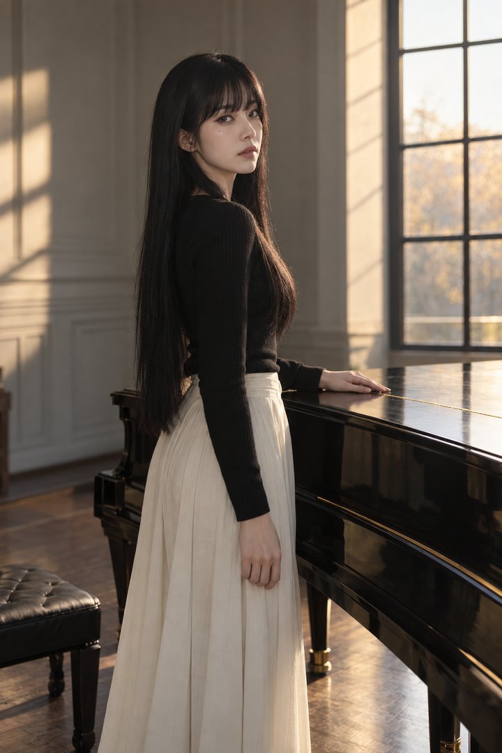 빈 연습실 그랜드피아노 앞, 뚜껑에 손을 얹고 경계하는 눈으로 이쪽을 봄